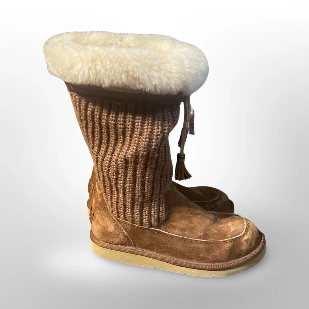 UGG Australia Knit Tall Boots‎ Brown Suede Leather Shearling Winter Warm